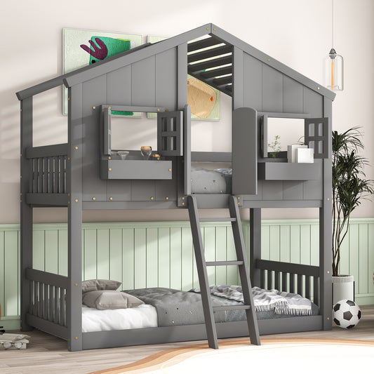 Imaginative Grey Twin House Bunk Bed with Woodland Charm