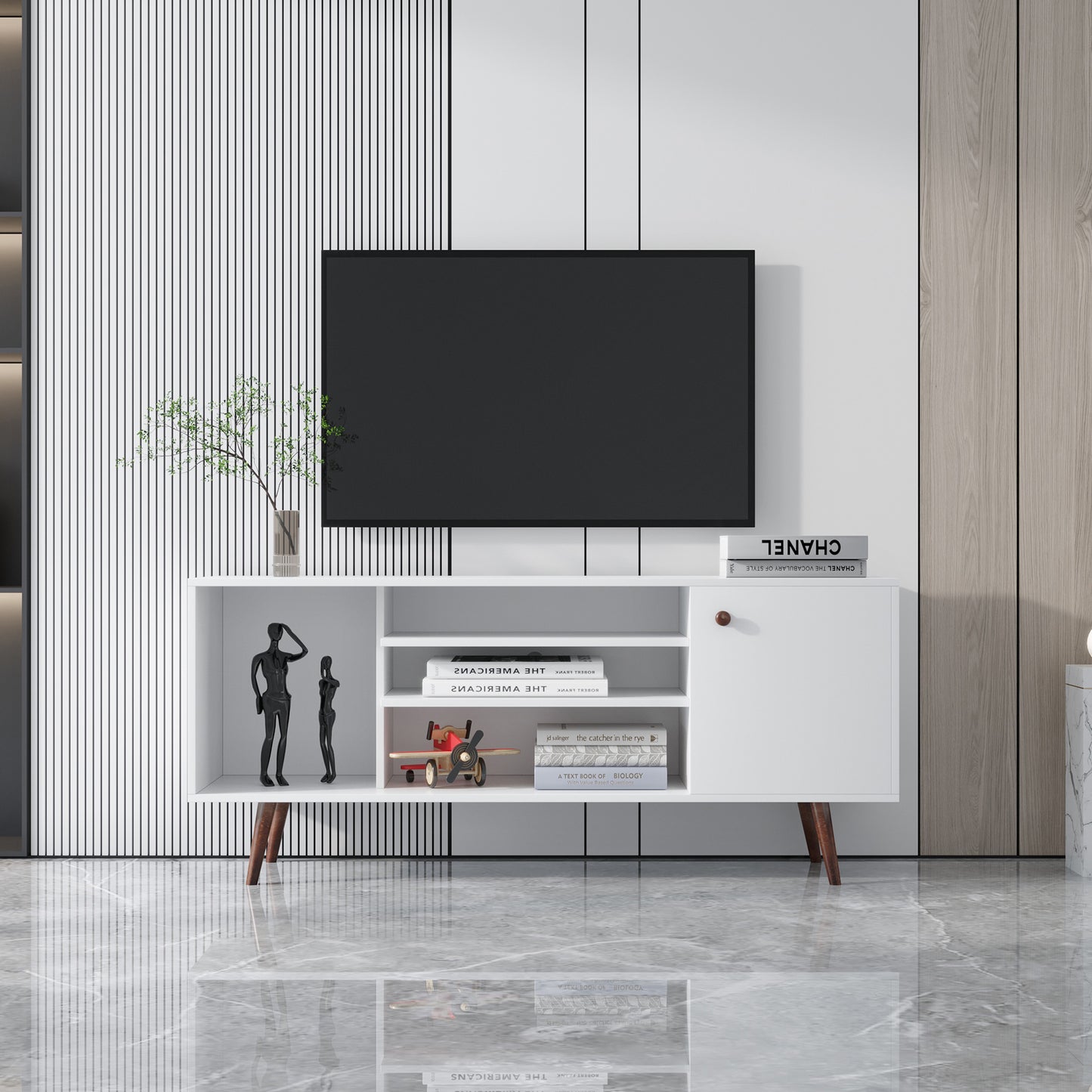 Modern White TV Stand with Ample Storage and Sturdy Frame