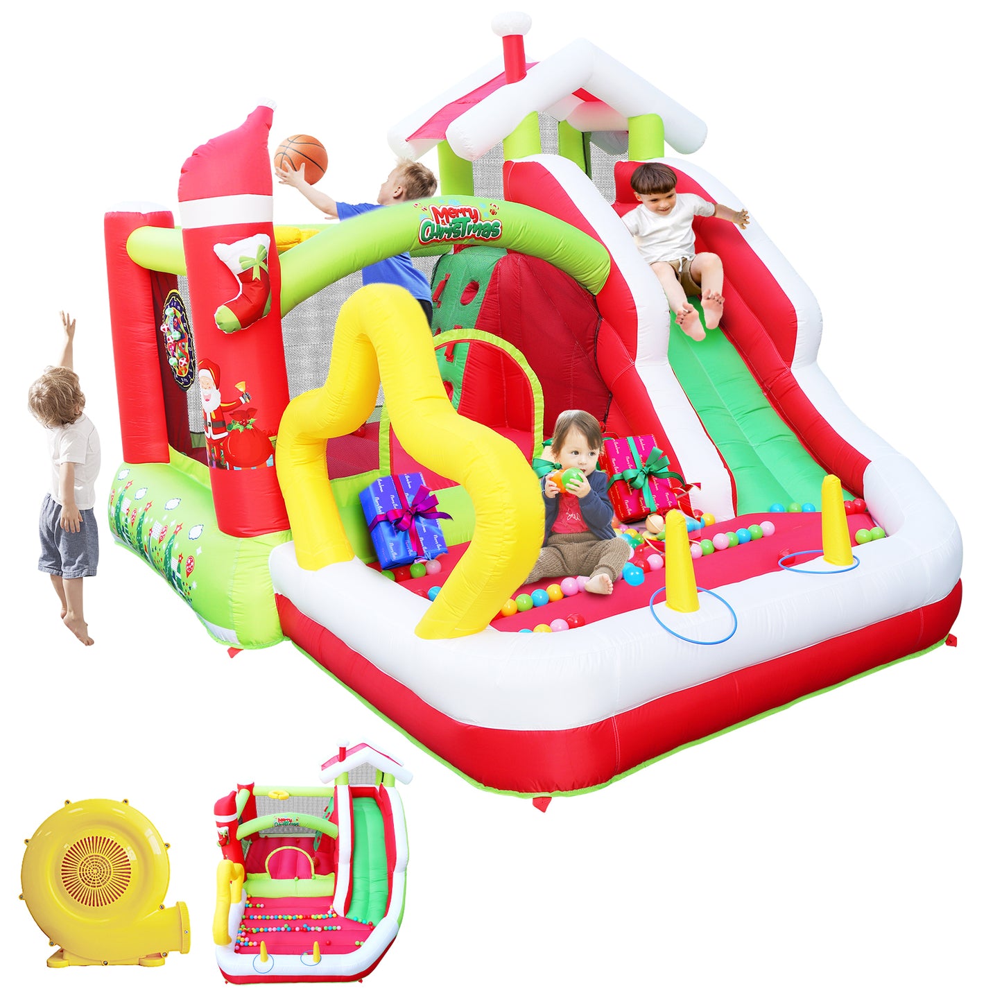 Christmas Joy Inflatable Bouncer with Slide for Kids - Complete Set with Blower