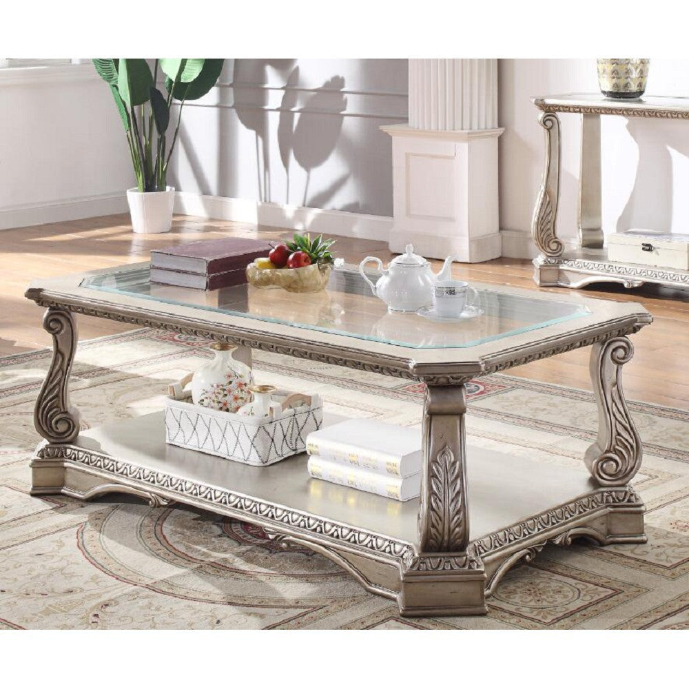 Northville Antique Silver Coffee Table with Clear Glass Top