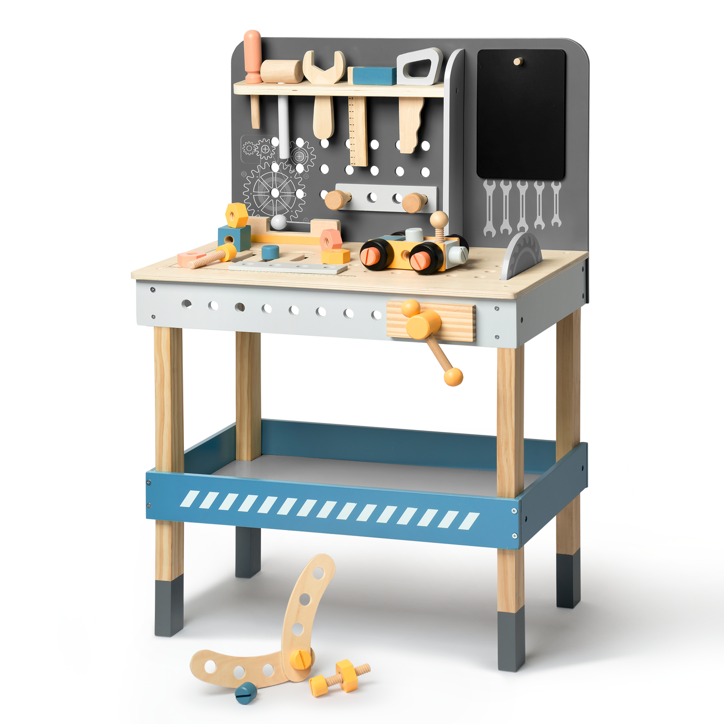 Kids' DIY Wooden Workbench with Blackboard and Tool Playset