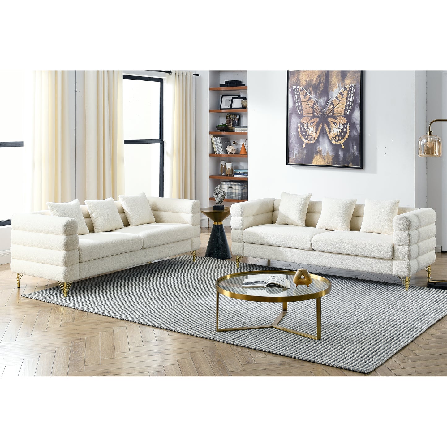 3-seater and 3-seater Combination Sofa in White Teddy (Ivory) with Streamline Modern Design