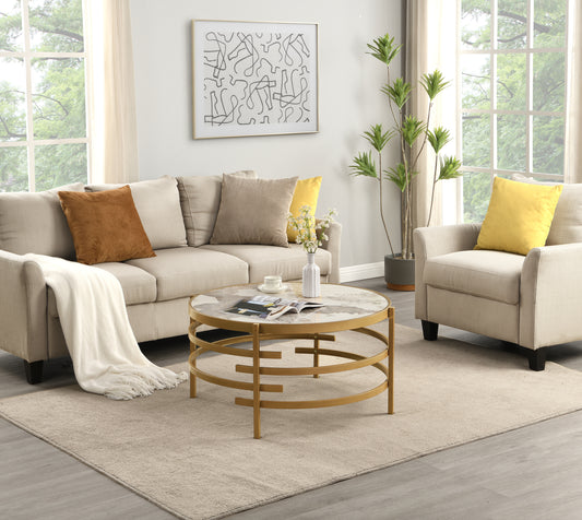 Sleek 32.48'' Round Coffee Table With Sintered Stone Top, Durable Metal Frame - Elegant Living Room Centerpiece, Golden