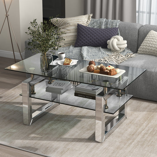 Modern Transparent Tempered Glass Coffee Table with Mirror Design