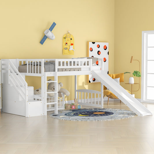 Stairway Twin Size Loft Bed with Two Drawers and Slide, White(OLD SKU:LP000515AAK)