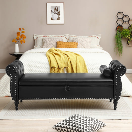 63 Black Upholstered Storage Bench Ottoman with Pillow