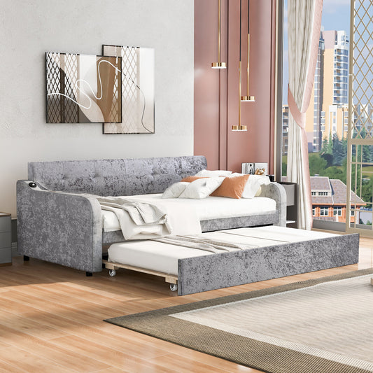 Twin Size Snowflake Velvet Daybed with Trundle and USB Charging Design,Gray