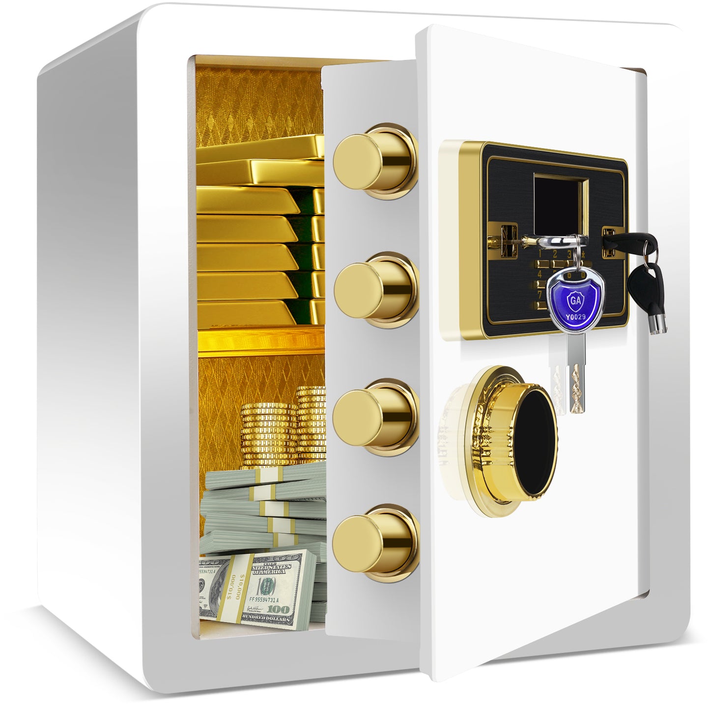 Secure White Safe Box with LCD Display and Multiple Opening Options for Money and Valuables