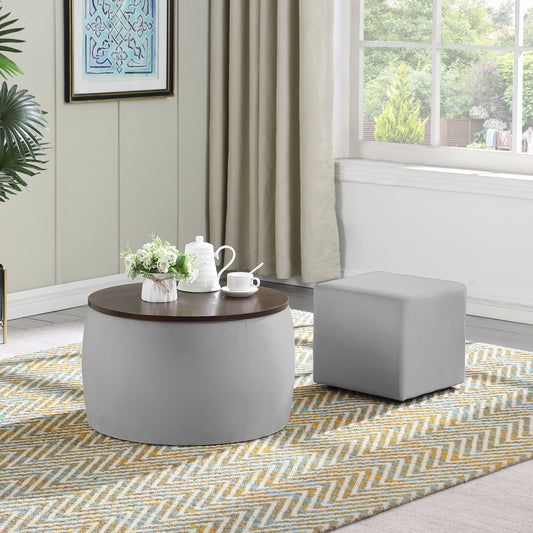 Versatile Round Ottoman Set with Storage and Reversible Lid, 2 in 1 Design for Living Room and Office