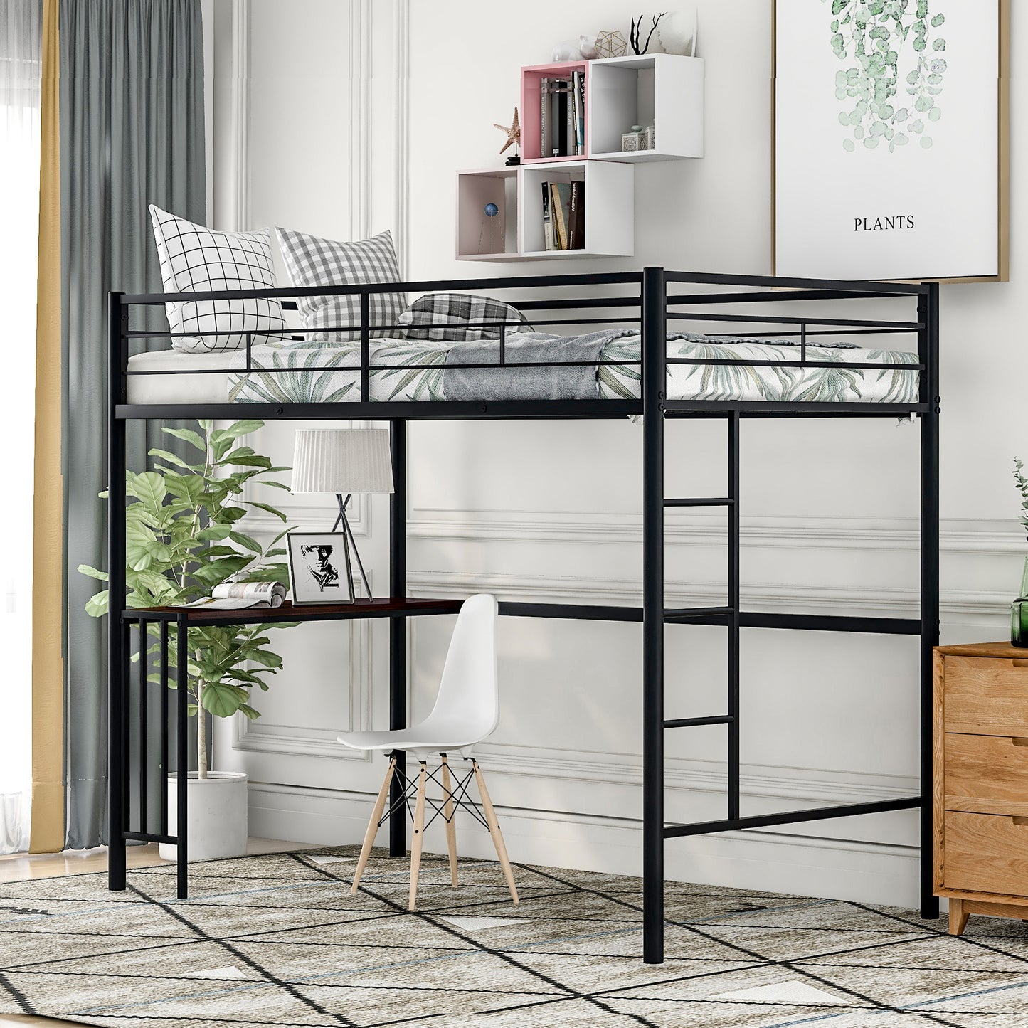 Black Metal Loft Bed with Built-in Study Desk, Ladder, and Guardrails for Twin Size Mattress