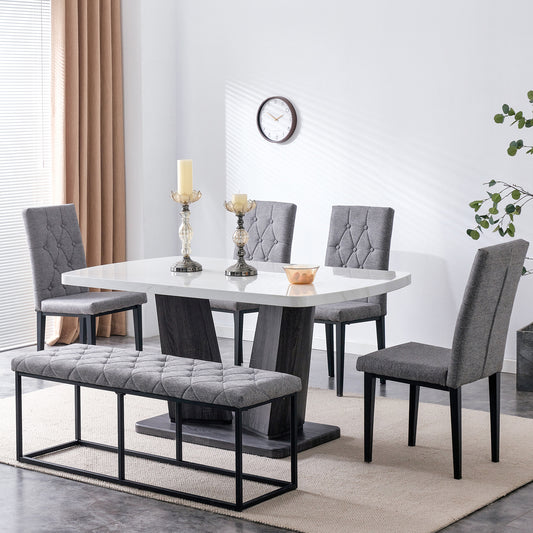 63" Modern Style 6-piece Dining Table with 4 Chairs & 1 Bench, Table with Marbled Veneers Tabletop and V-shaped Table Legs (White)