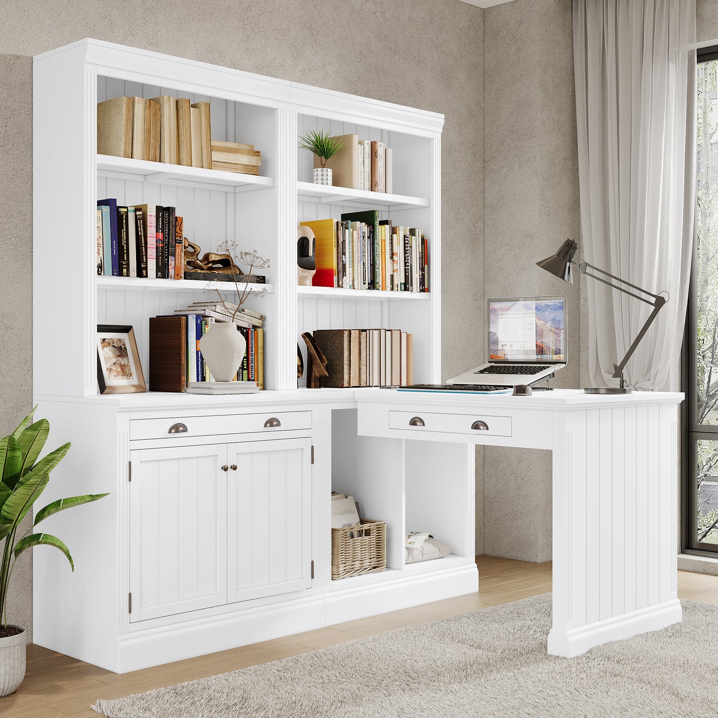 83.4 Tall 2-Piece White Bookshelf & Writing Desk Set with LED Lighting, Storage Drawers, and Doors