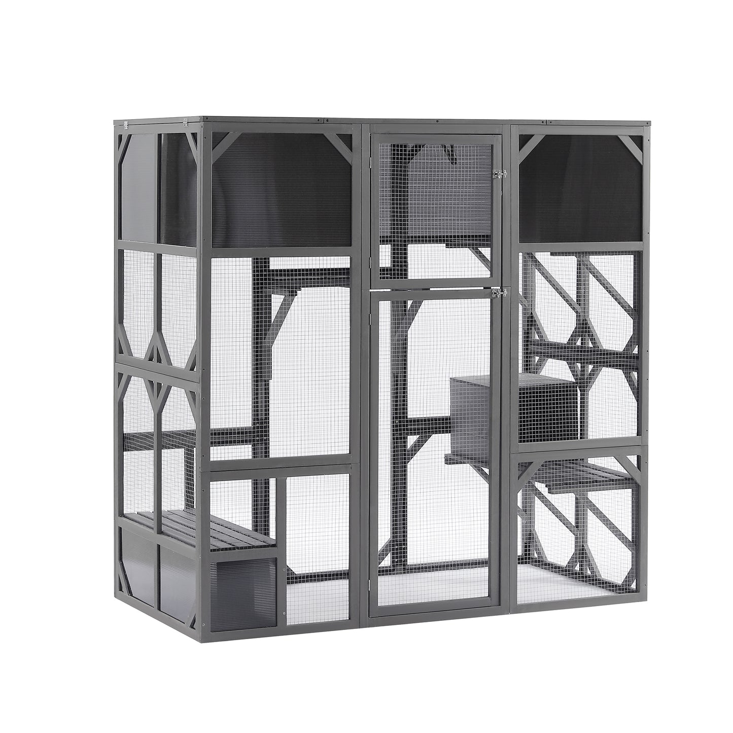 Outdoor Wooden Cat House Catio Enclosure with Super Large Enter Door Cat Kennel with Bouncy Bridge, Platforms and Small Houses  Walk in Kitten Cage with Sunshine Board - L67.5'', Dark Grey