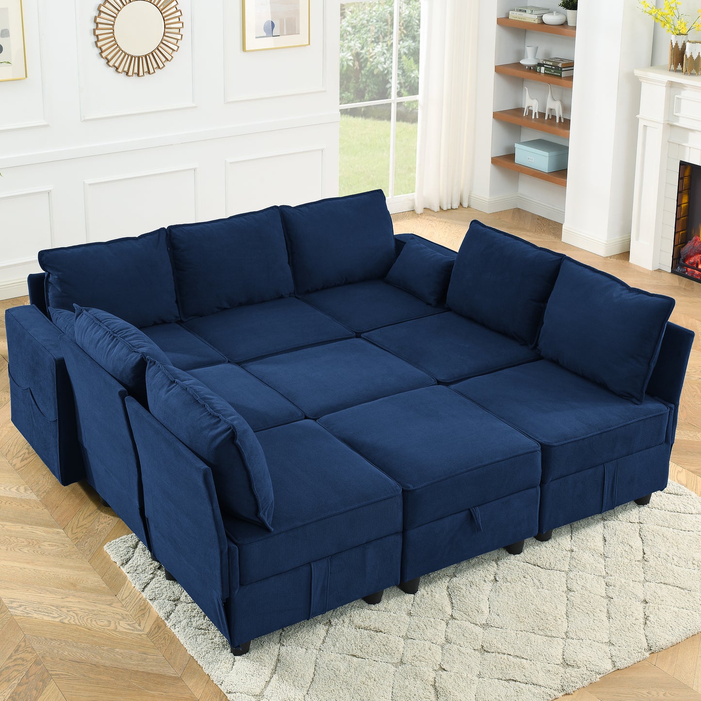 9 Seat Modular Sofa Set with Convertible King Sofa Bed, Storage Sectional Couch, Navy Blue Corduroy Velvet