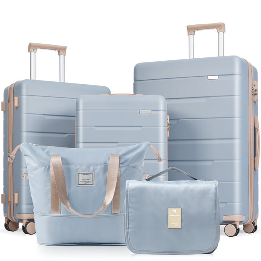 Luggage Sets 5 Piece, Expandable ABS Durable Suitcase with Travel Bag and Hanging Toiletry Bag, Carry On Luggage Suitcase Set with 360° Spinner Wheels, light blue