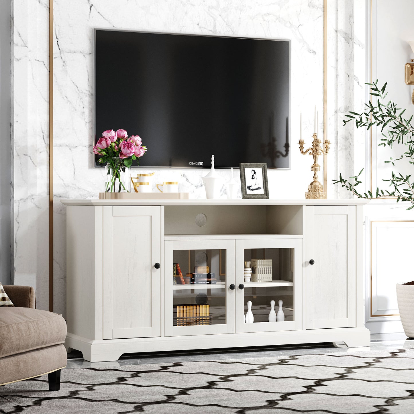 Transitional Highboy TV Stand with Tempered Glass Doors - White