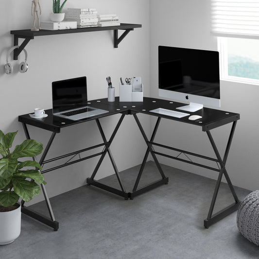 Sleek Black L-Shaped Glass Desk with Cross Frame Design