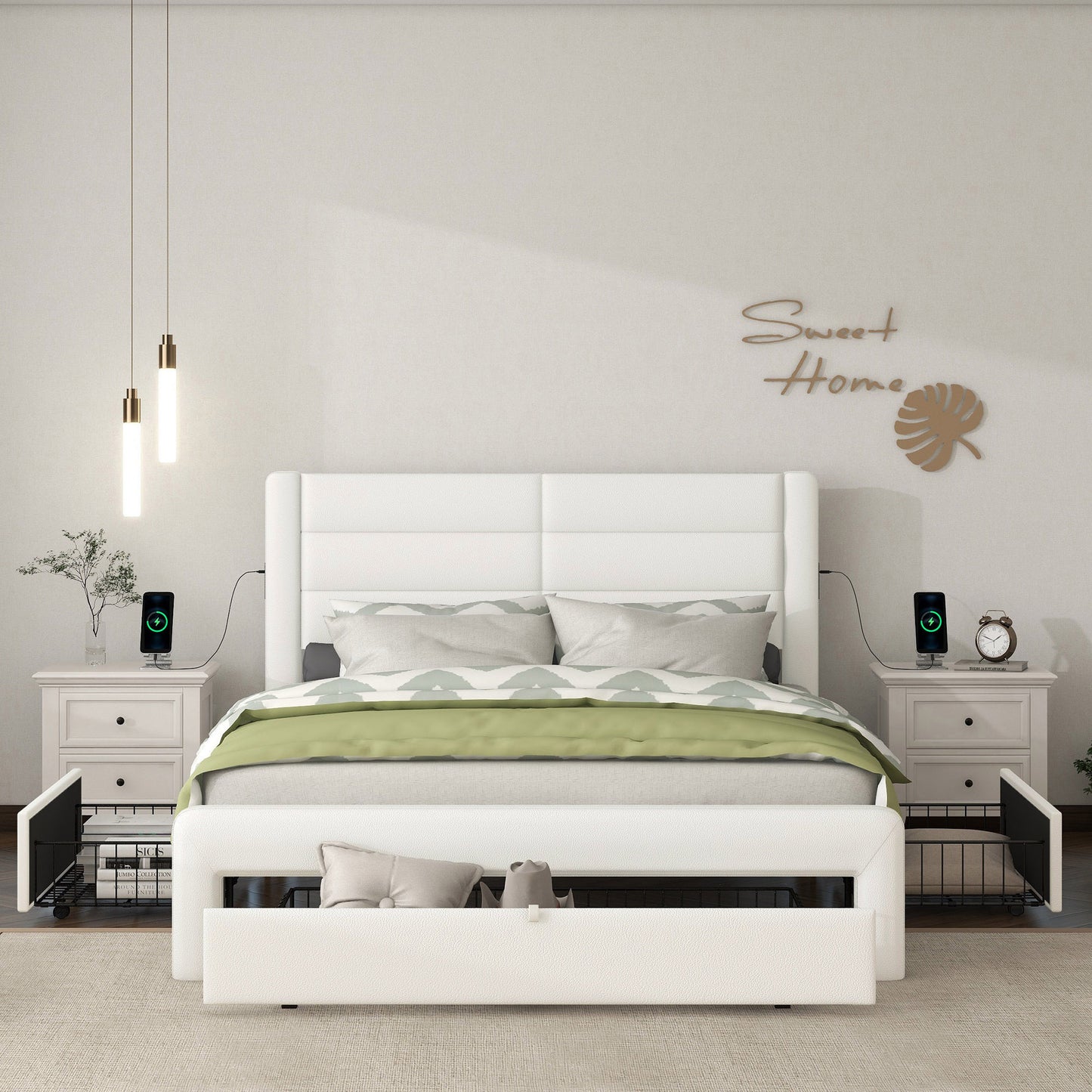 Queen Size Bed Frame with Drawers Storage, Leather Upholstered Platform Bed with Charging Station, White (Expect arrive date Jan. 12th. 2024)