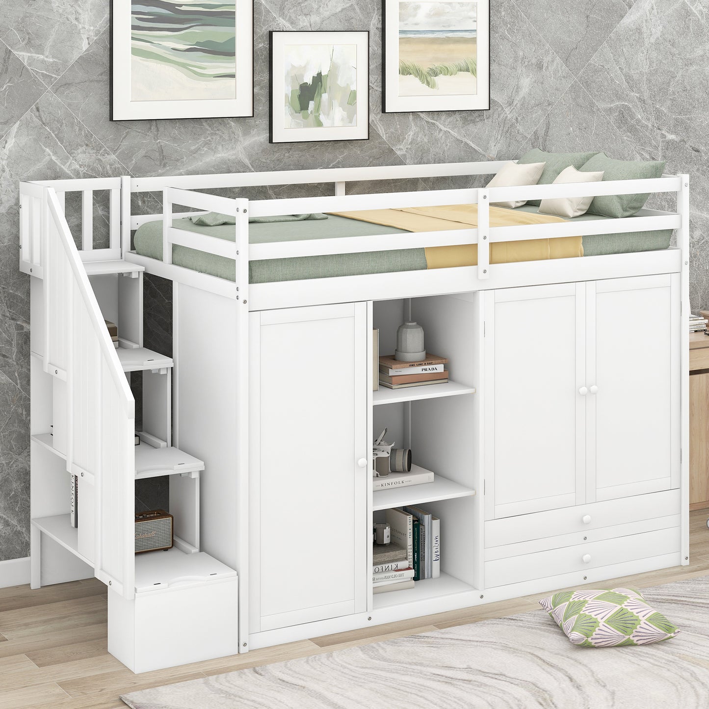 Functional Loft Bed with 3 Shelves, 2 Wardrobes and 2 Drawers,  Ladder with Storage, No Box Spring Needed, White