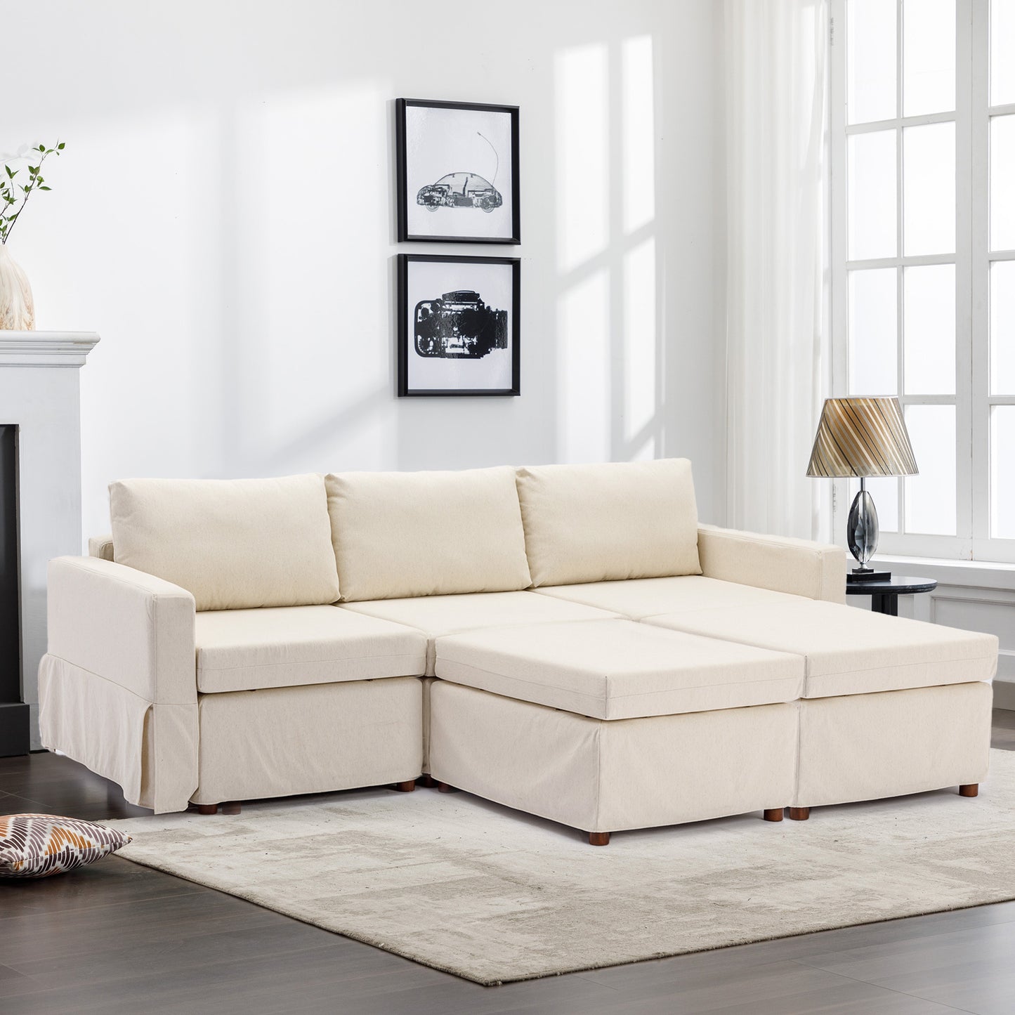 Cream Modular Sectional Sofa with 2 Ottomans and Removable/Washable Cushions