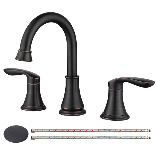 Oil-Rubbed Bronze 2-Handle 8 inch Widespread Bathroom Sink Faucet with Pop Up Drain Assembly and cUPC Water Supply Hoses