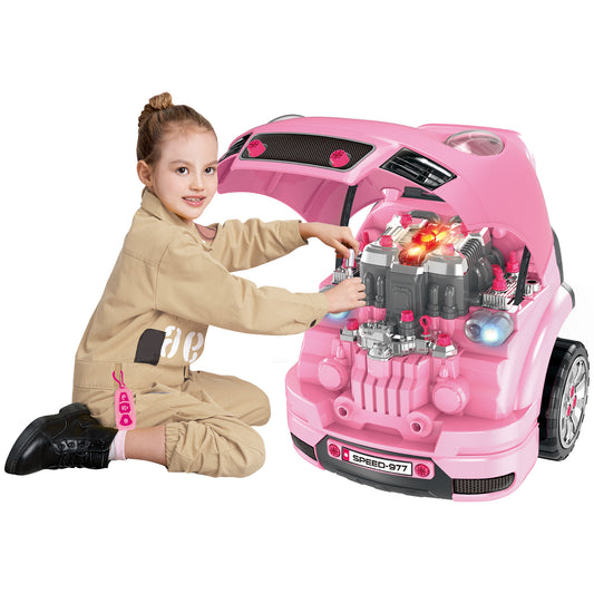 Qaba Pink Mechanic Truck Engine Toy Set for Kids, Car Service Playset, Includes 61 Pieces