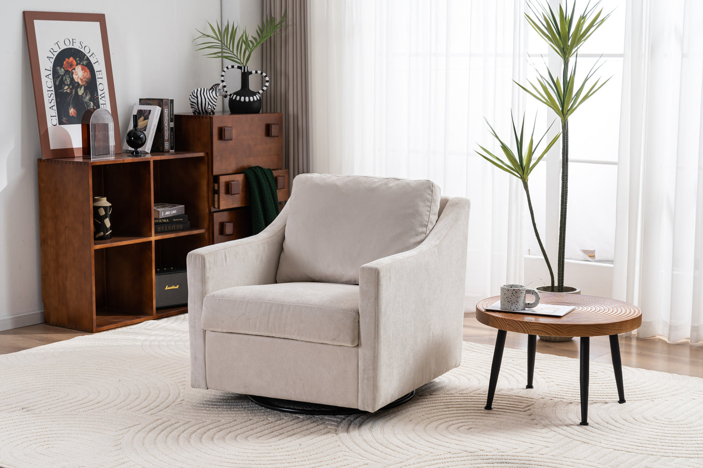 Large swivel chair, upholstered armchair, modern chair, skin-friendly gradient color linen fabric, comfortable to sit. Suitable for reception living room, beige