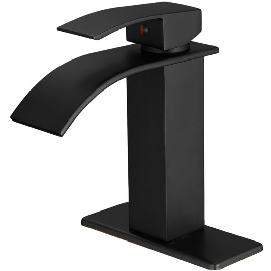 Matte Black Single-Handle Waterfall Bathroom Faucet with Supply Line - Low-Arc