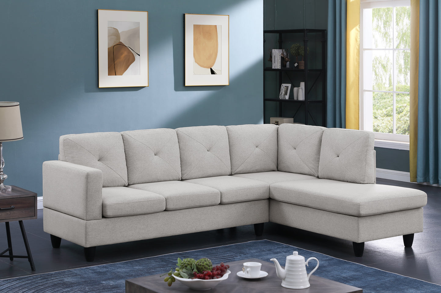 Santiago Light Grey Linen Sectional Couch with Right Chaise_Lounger