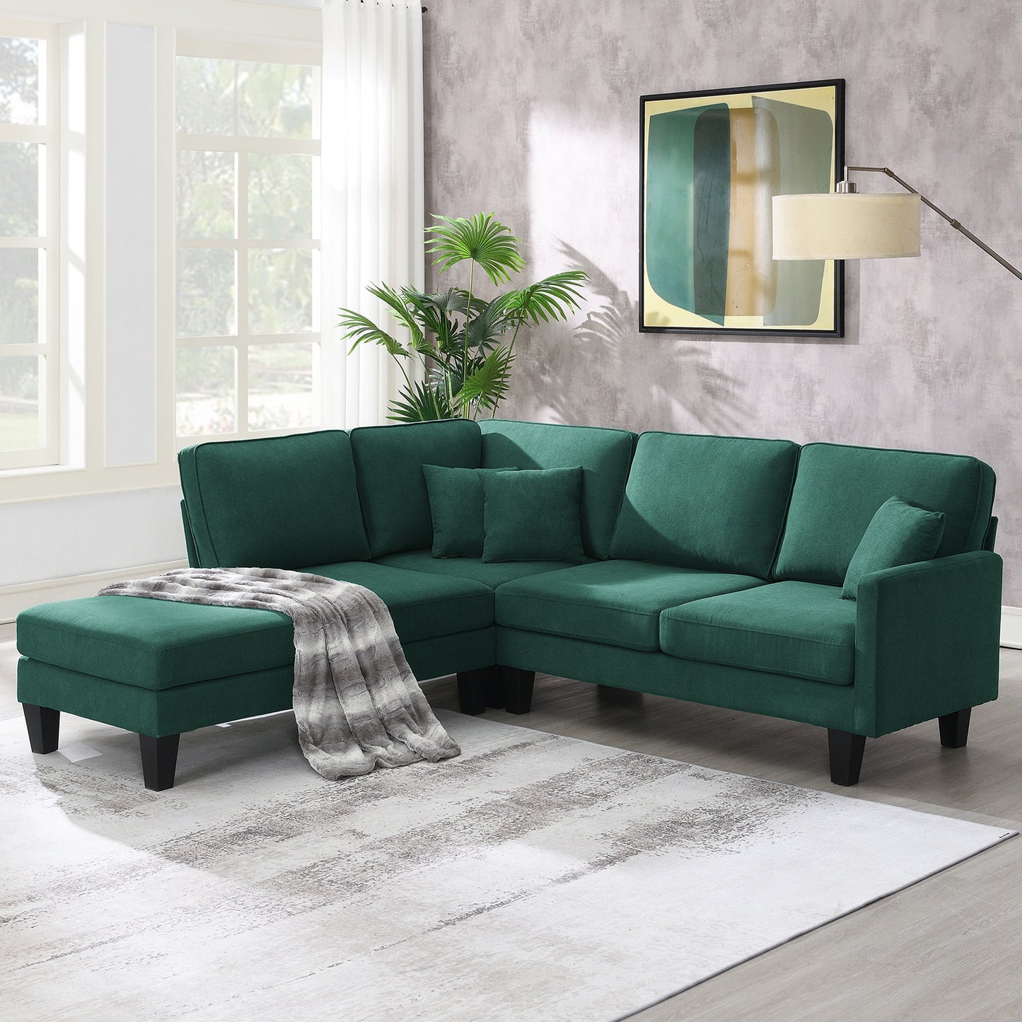 Terrycloth L-Shaped Sectional Sofa with Chaise Lounge and 3 Pillows