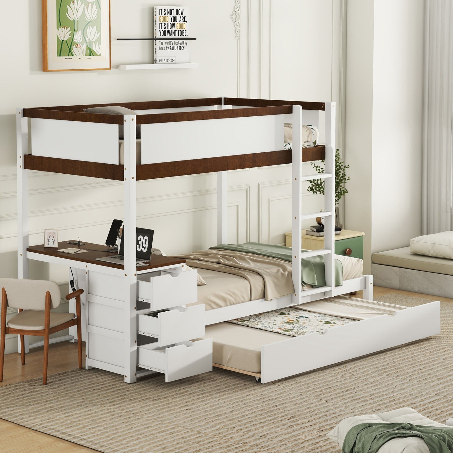 Twin Bunk Bed with Trundle, Storage, Desk, White-Walnut Finish & Maximized Space Storage Solution