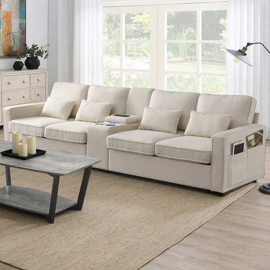 114.2 Modern 4-Seat Upholstered Sofa with Console, 2 Cupholders, and Wireless Charging