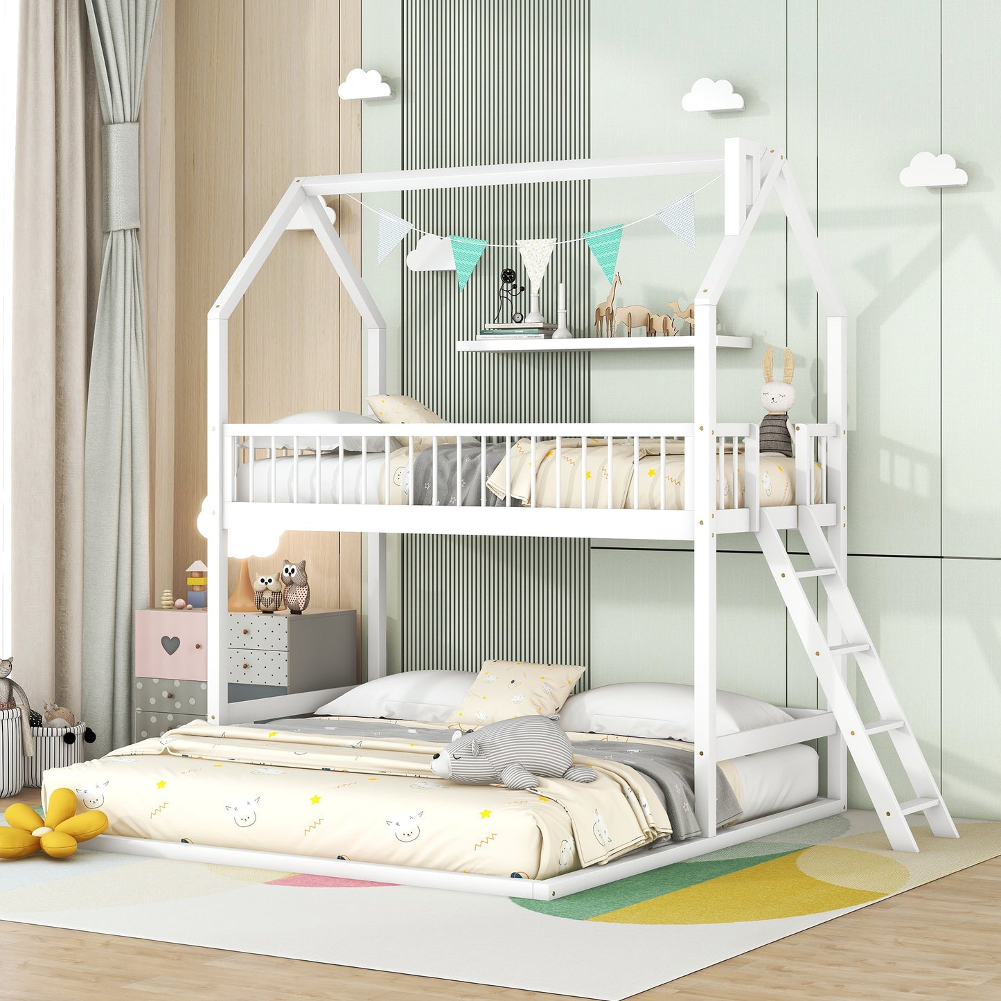 House-Shaped Twin Bunk Bed with Trundle, Ladder, and Twin Over Twin Size Sleep Space