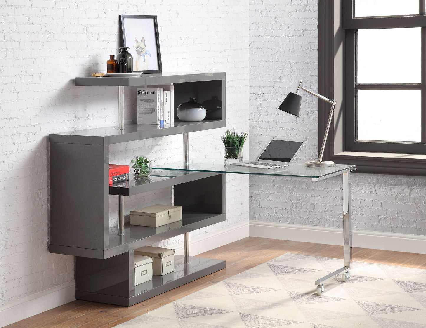 Versatile Glass Writing Desk with Swiveling Shelf and Gray Finish for Small Spaces