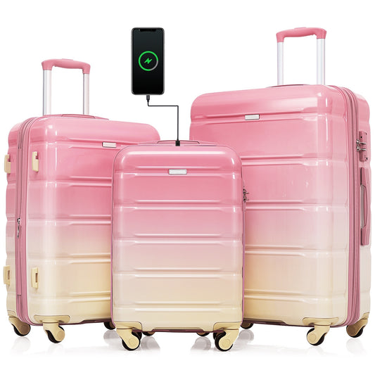 Luggage Set of 3, 20-inch with USB Port, Airline Certified Carry-on Luggage with Cup Holder, ABS+PC Hard Shell Luggage with Spinner Wheels, Gradient Pink