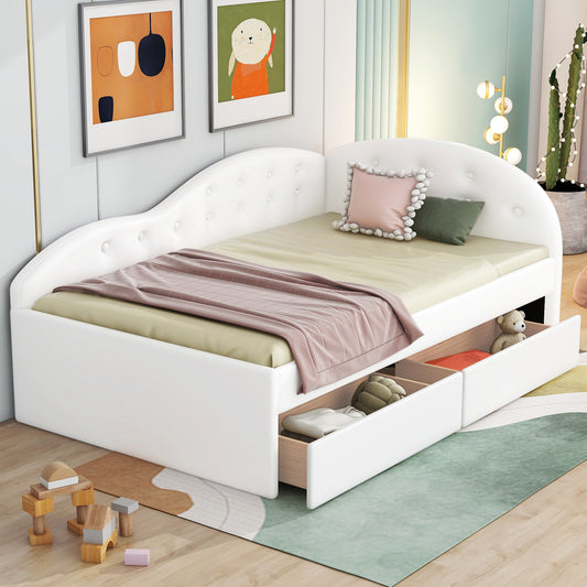 Twin Size PU Upholstered Tufted Daybed with Two Drawers and Cloud Shaped Guardrail, White