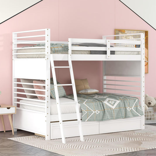 White Twin Bunk Bed with Two Underbed Drawers for Space-Saving Sleepovers