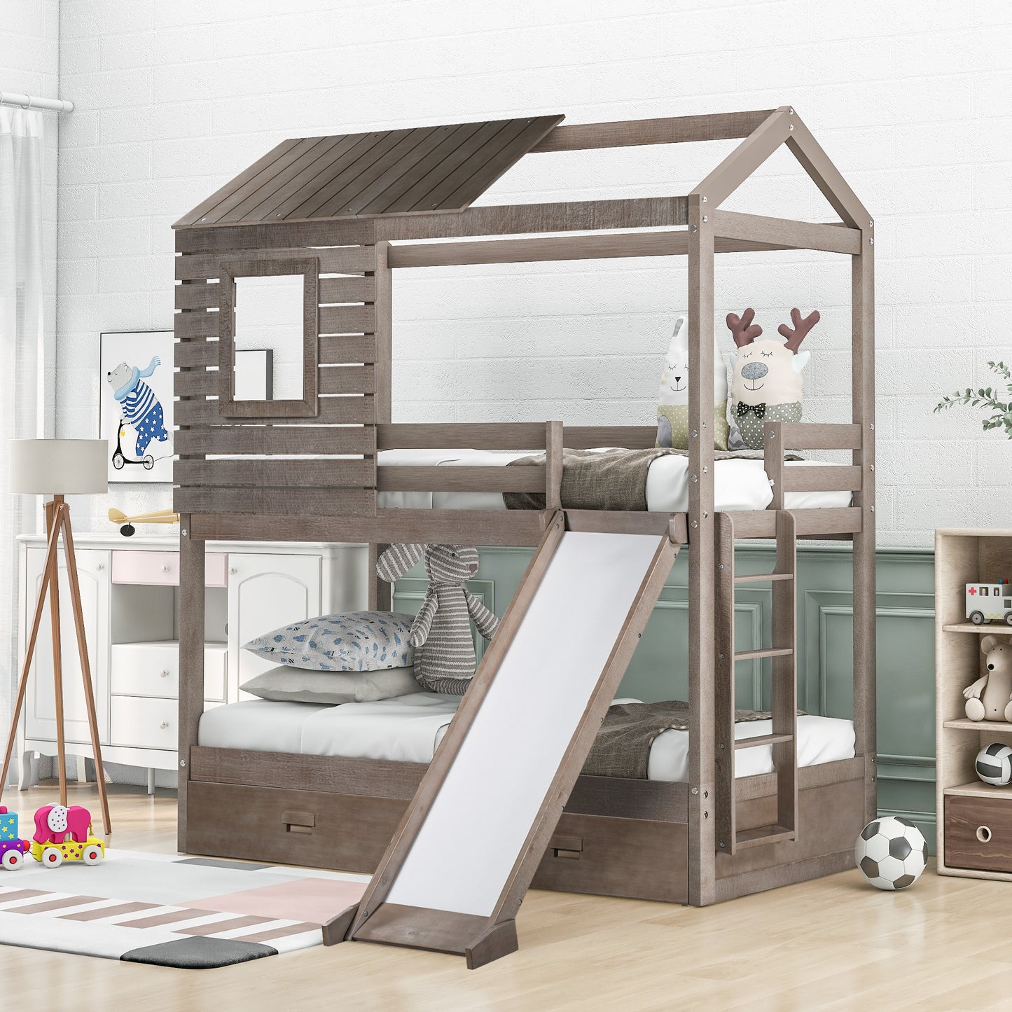 House-Shaped Twin Over Twin Bunk Bed with Slide, Storage Drawers, and Antique Gray Wood Finish