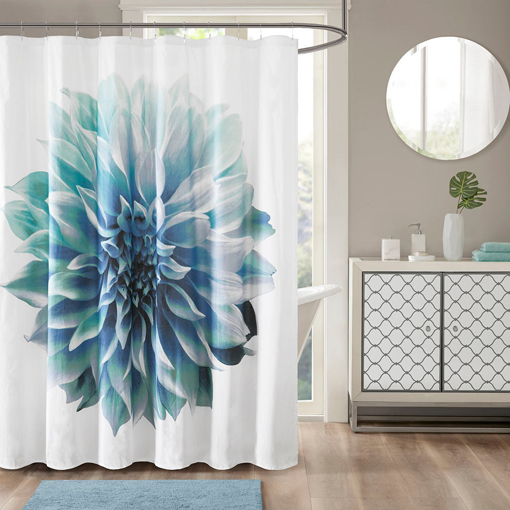 Aqua Floral Cotton Shower Curtain with Modern Design