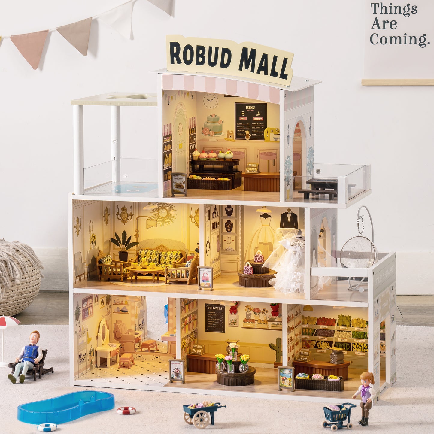 Wooden Shopping Mall Dollhouse with Functional Areas for Imaginative Play