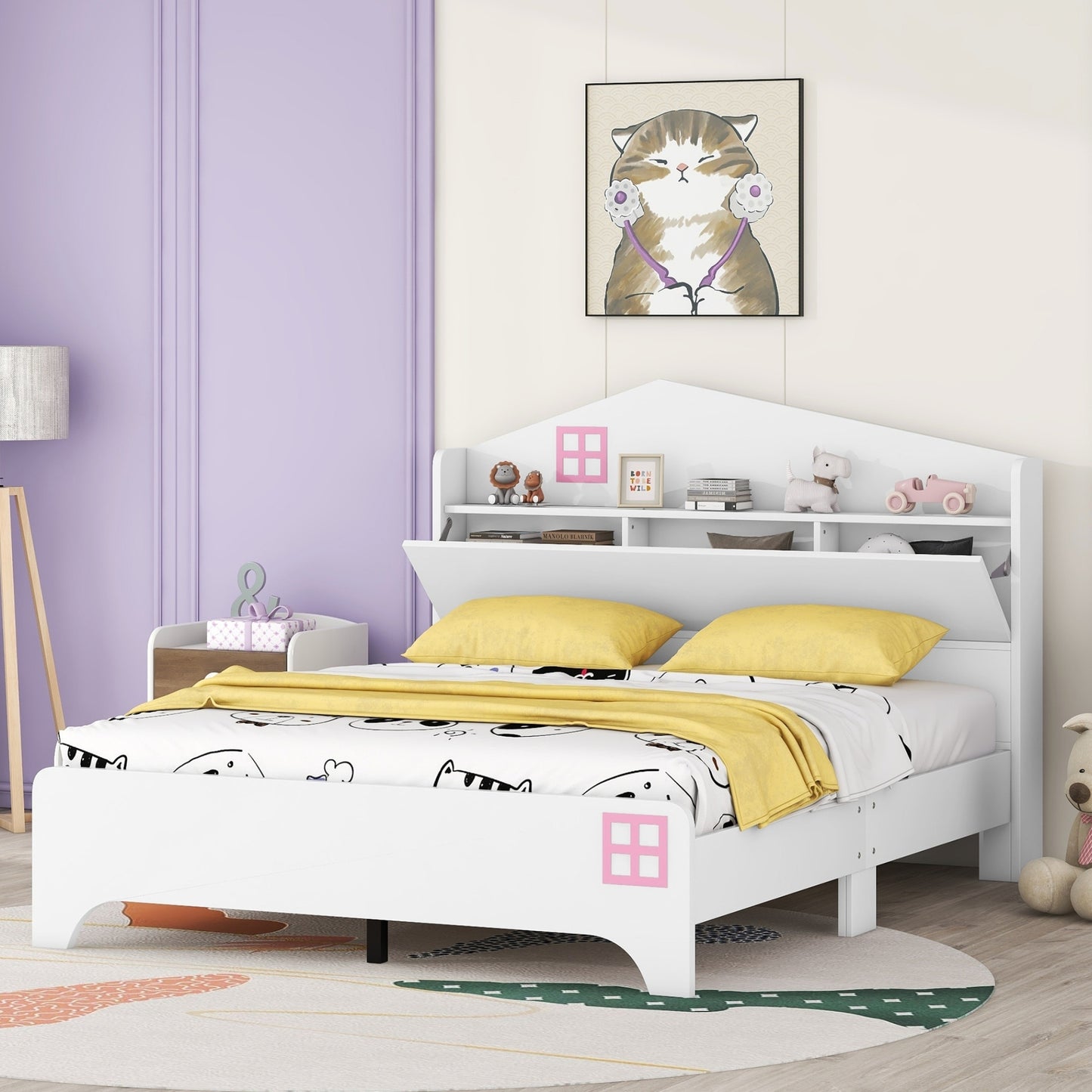 Wooden Full Size House Bed with Storage Headboard ,Kids Bed with Storage Shelf,White