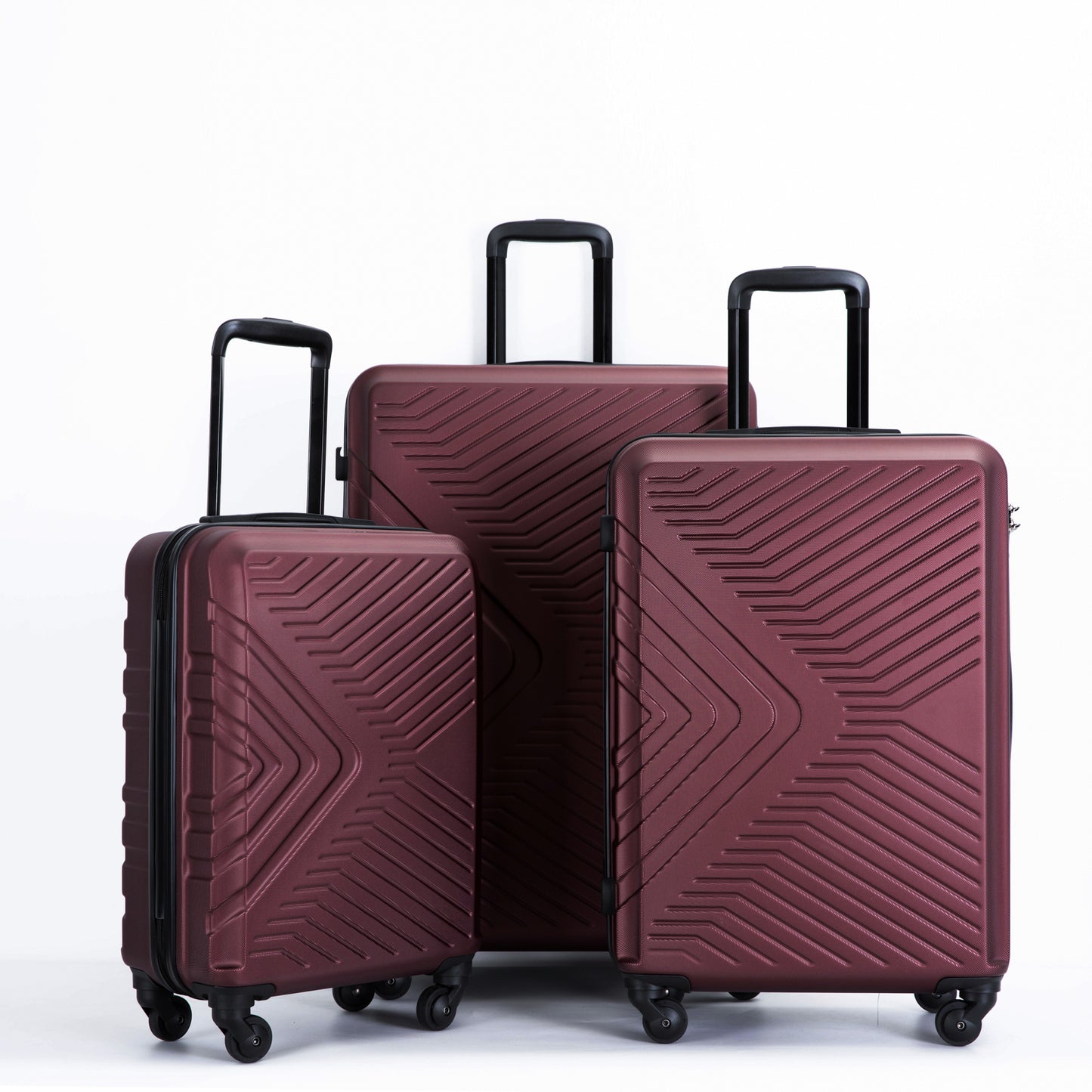 3 Piece Luggage Sets ABS Lightweight Suitcase with Two Hooks, Spinner Wheels, TSA Lock, (20/24/28) Wine Red