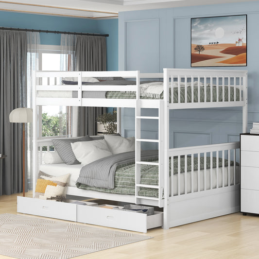 White Full-Over-Full Bunk Bed with Ladders and Two Underbed Drawers