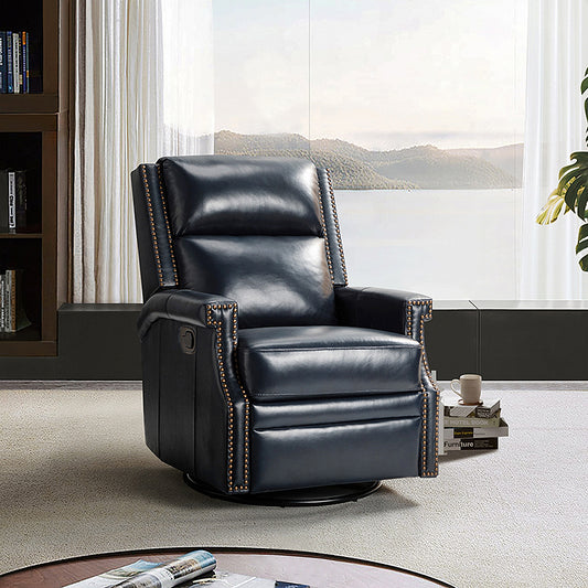 Navy Genuine Leather Swivel Rocker Recliner with Nailhead Trim