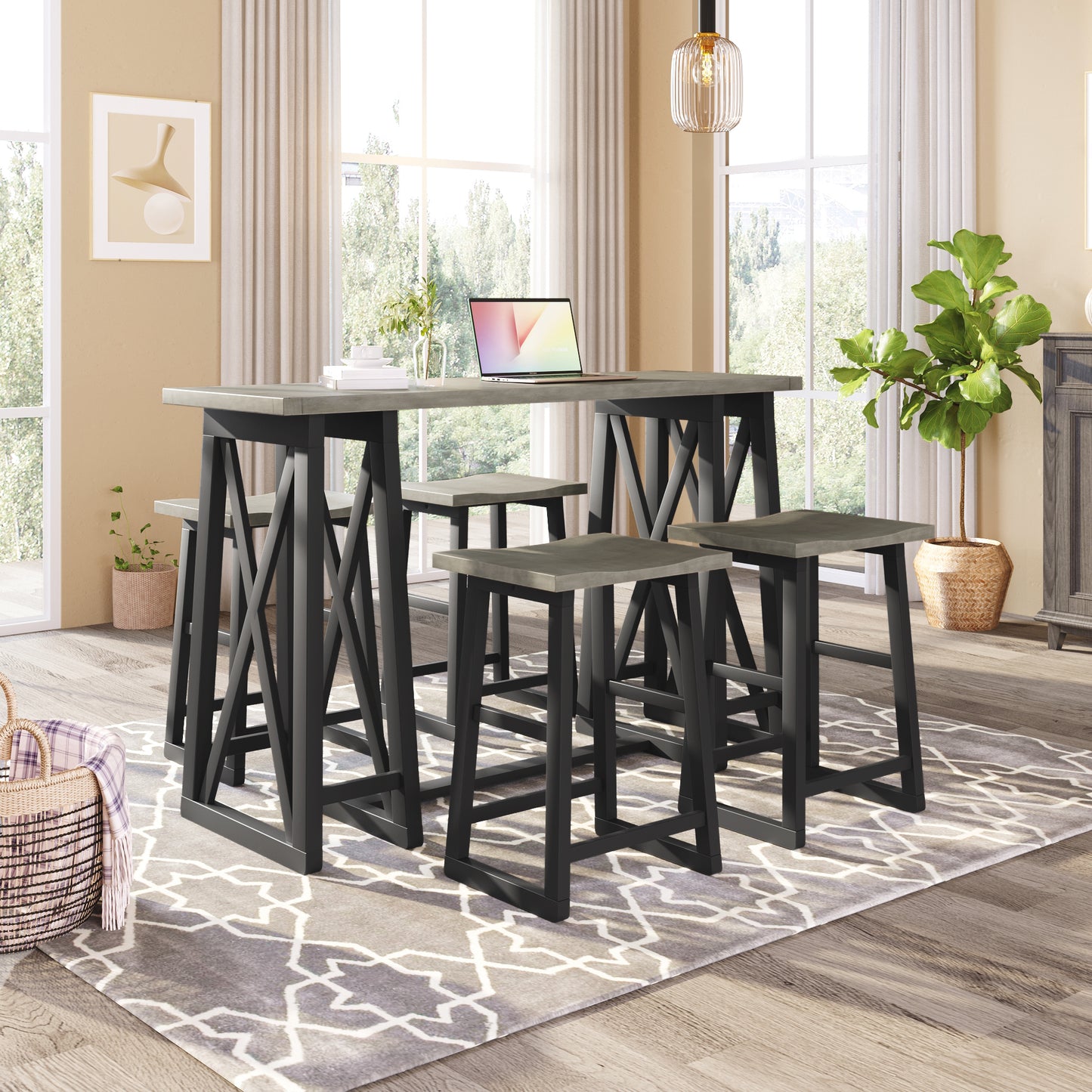 Rustic Counter Height 5-Piece Dining Set, Wood Console Table Set with 4 Stools for Small Places,Grey