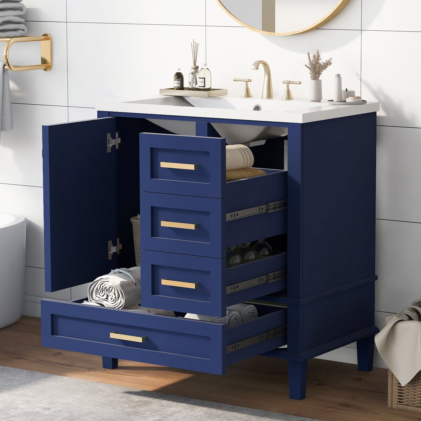 30" Bathroom Vanity , Modern Bathroom Cabinet with Sink Combo Set, Bathroom Storage Cabinet with a Soft Closing Door and 3 Drawers, Solid Wood Frame(Blue)