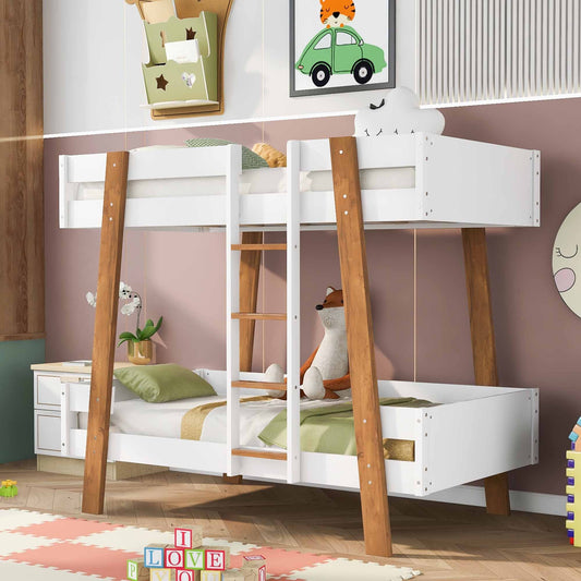 Rustic White Twin Size Bunk Bed with Wooden Columns and Attached Ladder