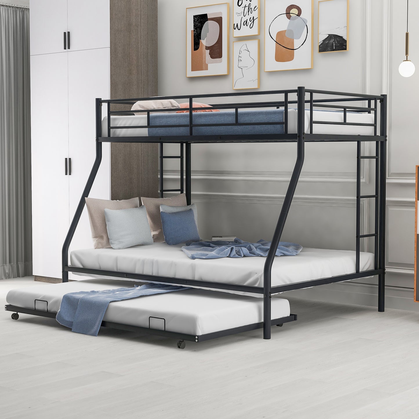 Twin over Full Bunk Bed with Trundle and Ladders for Space-Saving Sleep Solution