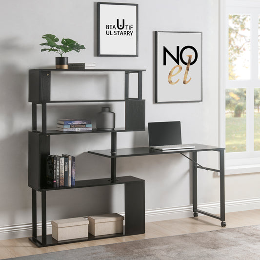 Modern L-Shaped Home Office Desk with Rotating Bookshelf and Lockable Casters