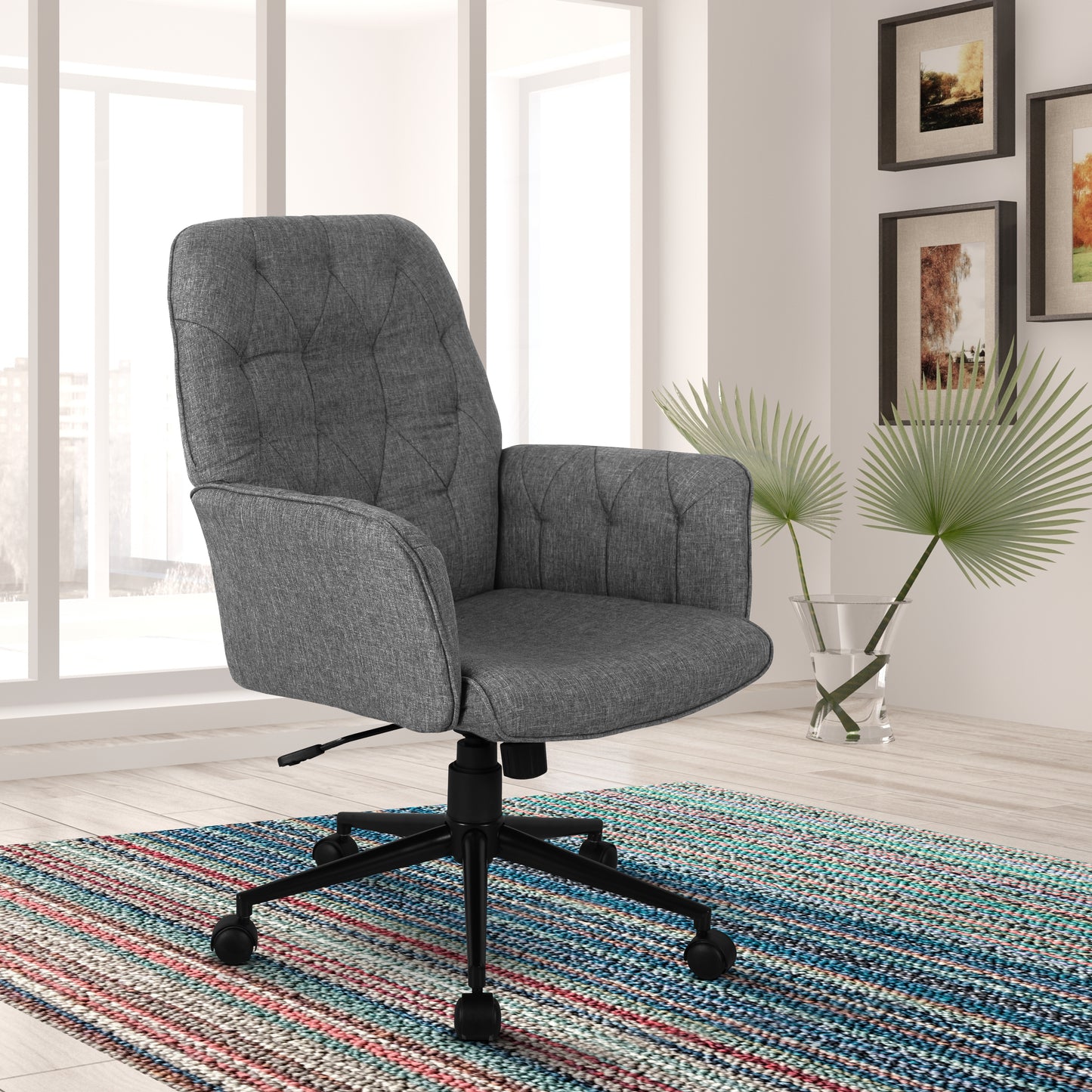 Modern Upholstered Tufted Office Chair with Arms, Grey